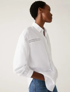 Linen Rich Collared Lace Insert Shirt