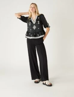 Satin Embroidered V-Neck Blouse