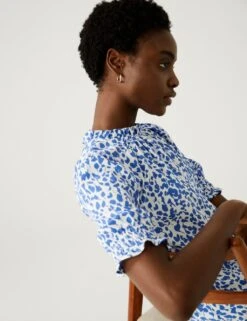 Printed Frill Neck Puff Sleeve Blouse