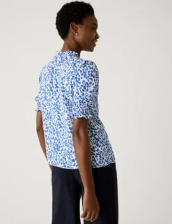 Printed Frill Neck Puff Sleeve Blouse 13 Printed Frill Neck Puff Sleeve Blouse -M&S SD 01 T43 8239 E4 X EC 4