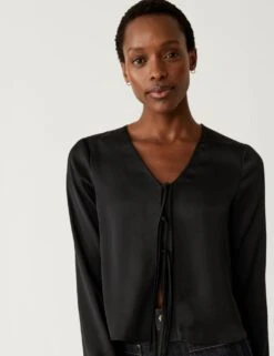 Satin V-Neck Tie Front Blouse -M&S SD 01 T43 8269 Y0 X EC 2