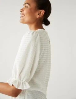 Round Neck Shirred Puff Sleeve Blouse -M&S SD 01 T43 8279 KY X EC 1