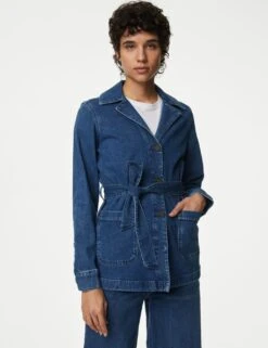 Denim Belted Revere Collar Jacket -M&S SD 01 T49 3033 QQ X EC 1