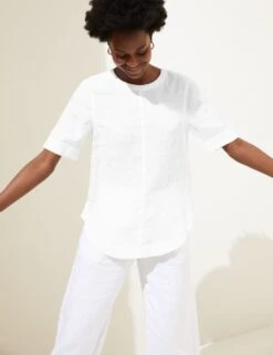 Pure Linen Round Neck Short Sleeve Boxy Top 9 Pure Linen Round Neck Short Sleeve Boxy Top -M&S SD 01 T52 3146 Z0 X EC 1