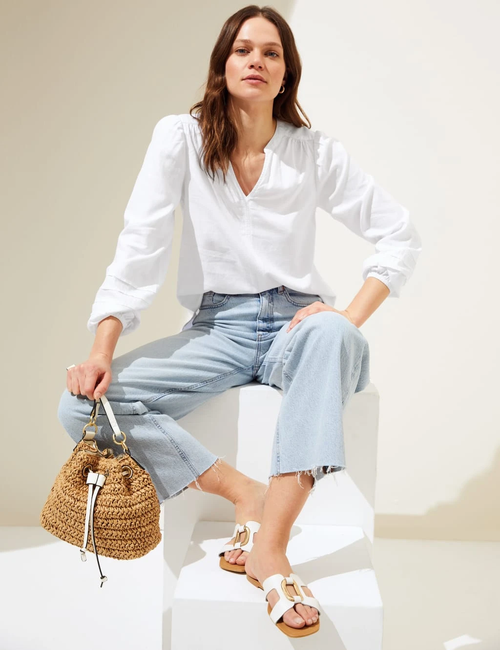 Linen Rich V-Neck Blouson Sleeve Blouse 3 Linen Rich V-Neck Blouson Sleeve Blouse