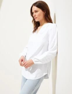 Linen Rich V-Neck Blouson Sleeve Blouse 9 Linen Rich V-Neck Blouson Sleeve Blouse -M&S SD 01 T52 3506 Z0 X EC 1
