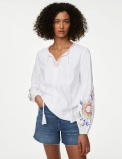 Linen Rich Embroidered Tie Neck Blouse -M&S SD 01 T52 3508 Z0 X EC 1