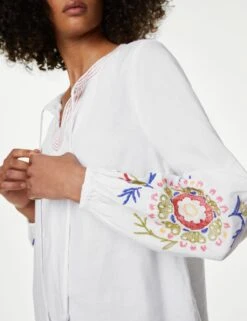 Linen Rich Embroidered Tie Neck Blouse -M&S SD 01 T52 3508 Z0 X EC 2