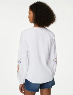Linen Rich Embroidered Tie Neck Blouse -M&S SD 01 T52 3508 Z0 X EC 3