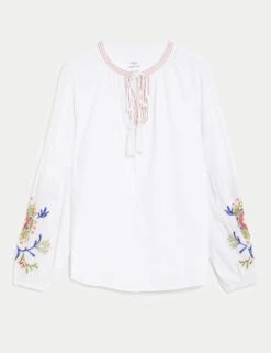 Linen Rich Embroidered Tie Neck Blouse -M&S SD 01 T52 3508 Z0 X EC 90