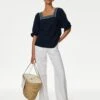 Linen Blend Embroidered Puff Sleeve Blouse 1 Linen Blend Embroidered Puff Sleeve Blouse -M&S SD 01 T52 3510 F0 X EC 0