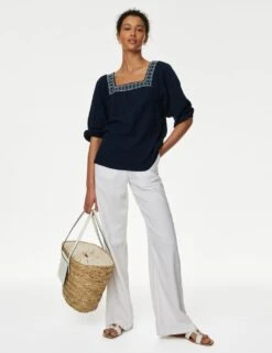 Linen Blend Embroidered Puff Sleeve Blouse