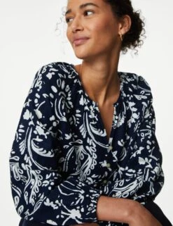 Linen Rich Printed V-Neck Blouse -M&S SD 01 T52 3517 F4 X EC 1