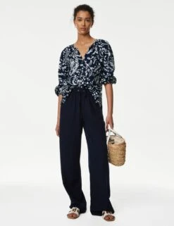 Linen Rich Printed V-Neck Blouse -M&S SD 01 T52 3517 F4 X EC 2