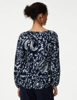 Linen Rich Printed V-Neck Blouse -M&S SD 01 T52 3517 F4 X EC 3