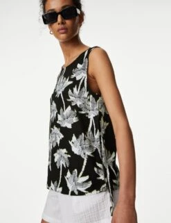 Linen Rich Printed High Neck Vest Top -M&S SD 01 T52 3528 Y4 X EC 1