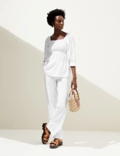 Linen Blend Square Neck Shirred Blouse