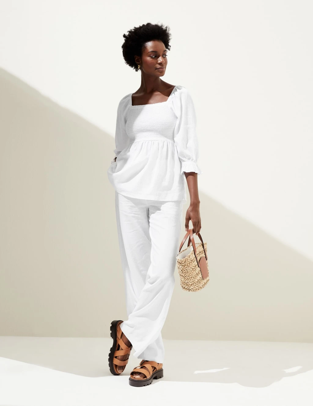 Linen Blend Square Neck Shirred Blouse 3 Linen Blend Square Neck Shirred Blouse