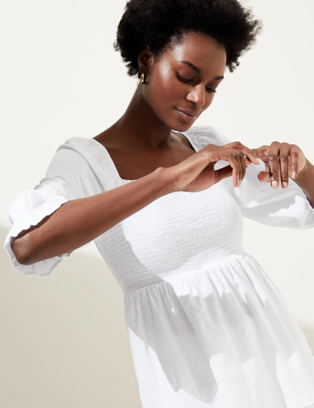 Linen Blend Square Neck Shirred Blouse 5 Linen Blend Square Neck Shirred Blouse - Image 3