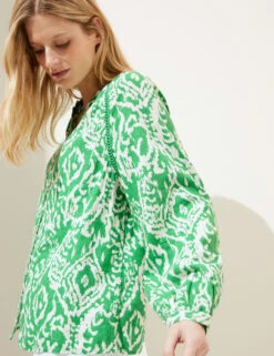 Linen Rich Printed Collarless Blouse -M&S SD 01 T52 3818 J4 X EC 1