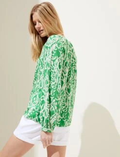 Linen Rich Printed Collarless Blouse -M&S SD 01 T52 3818 J4 X EC 3