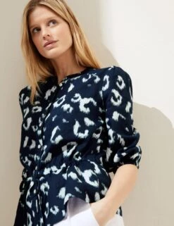 Pure Linen Animal Print Waisted Blouse