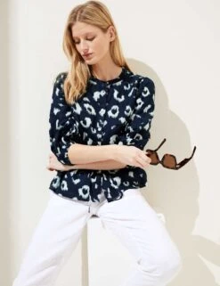 Pure Linen Animal Print Waisted Blouse 9 Pure Linen Animal Print Waisted Blouse -M&S SD 01 T52 3820 F4 X EC 1