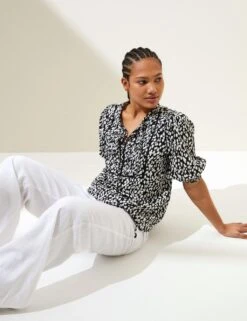 Linen Rich Printed Puff Sleeve Blouse