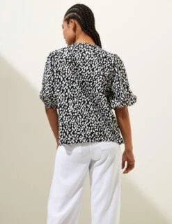 Linen Rich Printed Puff Sleeve Blouse -M&S SD 01 T52 3822 Y4 X EC 3