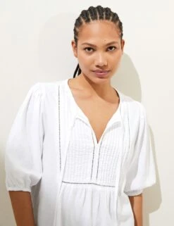 Linen Rich Tie Neck Puff Sleeve Blouse -M&S SD 01 T52 3824 Z0 X EC 1