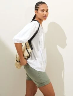 Linen Rich Tie Neck Puff Sleeve Blouse -M&S SD 01 T52 3824 Z0 X EC 2