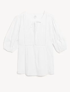 Linen Rich Tie Neck Puff Sleeve Blouse -M&S SD 01 T52 3824 Z0 X EC 90