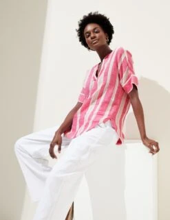 Pure Linen Striped V-Neck Popover Blouse