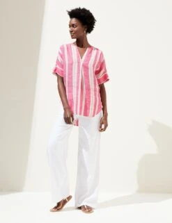 Pure Linen Striped V-Neck Popover Blouse 9 Pure Linen Striped V-Neck Popover Blouse -M&S SD 01 T52 3893 TL X EC 1