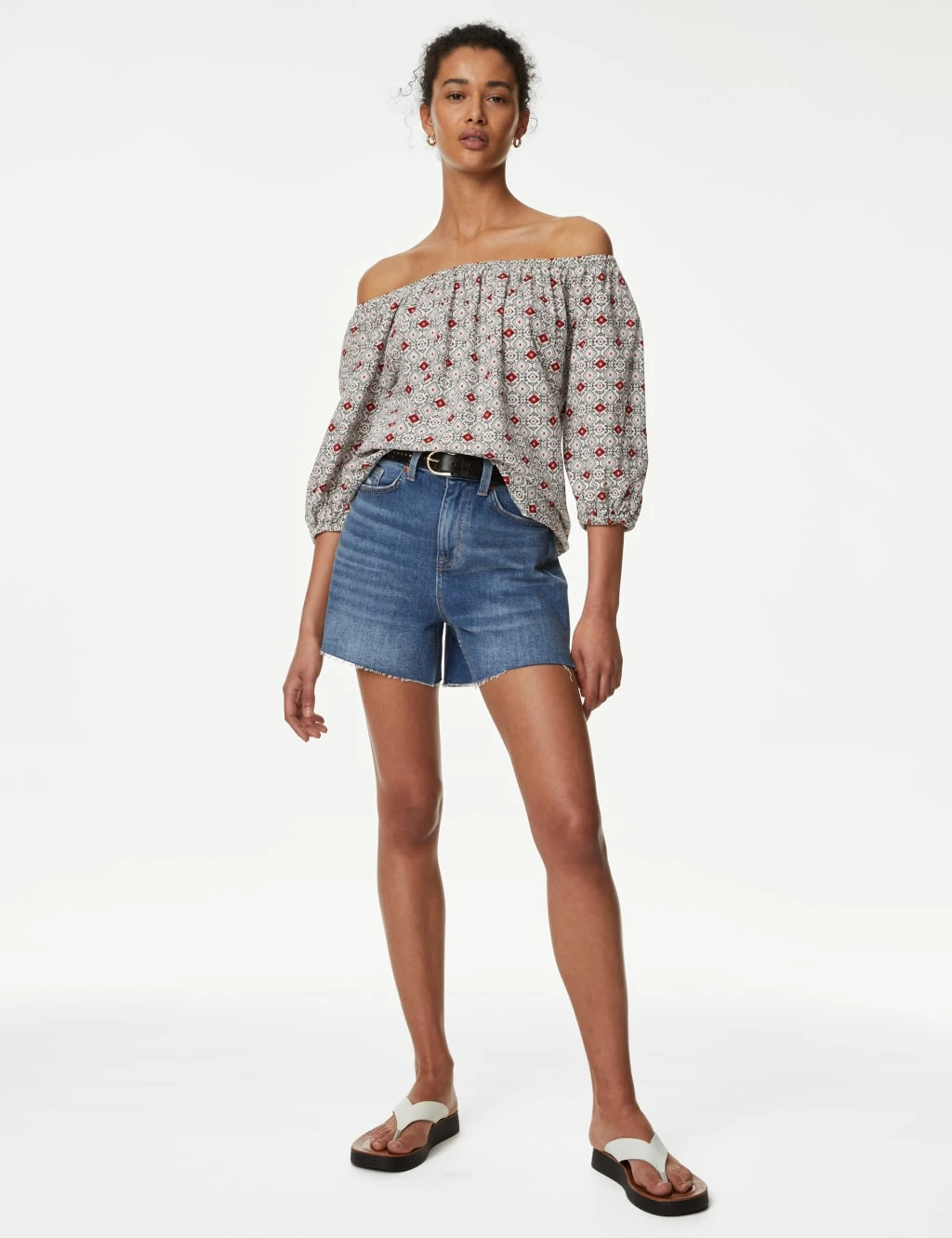 Linen Rich Printed Bardot Blouse 3 Linen Rich Printed Bardot Blouse