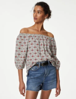 Linen Rich Printed Bardot Blouse 9 Linen Rich Printed Bardot Blouse -M&S SD 01 T52 3978 ZZ X EC 1