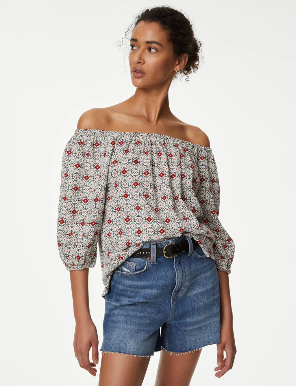 Linen Rich Printed Bardot Blouse 5 Linen Rich Printed Bardot Blouse - Image 3