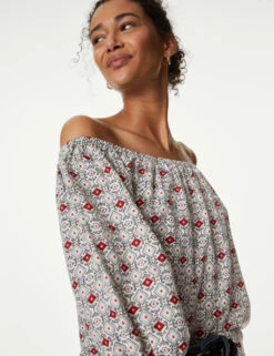 Linen Rich Printed Bardot Blouse 10 Linen Rich Printed Bardot Blouse -M&S SD 01 T52 3978 ZZ X EC 2