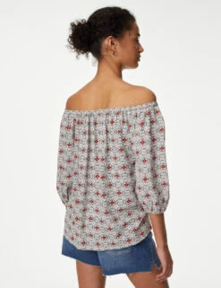 Linen Rich Printed Bardot Blouse 11 Linen Rich Printed Bardot Blouse -M&S SD 01 T52 3978 ZZ X EC 3