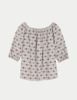 Linen Rich Printed Bardot Blouse 8 Linen Rich Printed Bardot Blouse -M&S SD 01 T52 3978 ZZ X EC 90