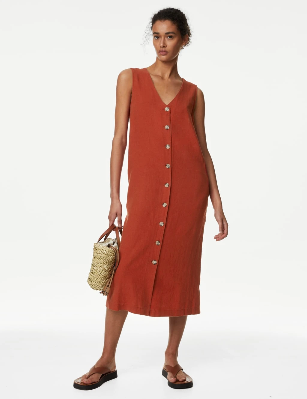 Linen Rich V-Neck Button Through Midi Dress 3 Linen Rich V-Neck Button Through Midi Dress