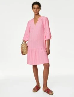 Linen Rich Striped V-Neck Midi Dress