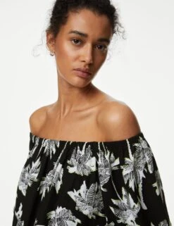 Linen Rich Printed Bardot Shift Dress