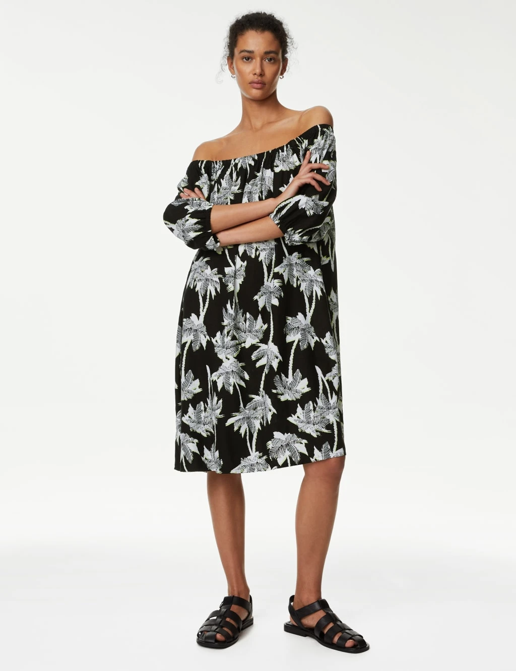 Linen Rich Printed Bardot Shift Dress 5 Linen Rich Printed Bardot Shift Dress - Image 3