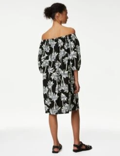 Linen Rich Printed Bardot Shift Dress 12 Linen Rich Printed Bardot Shift Dress -M&S SD 01 T52 6534 Y4 X EC 3