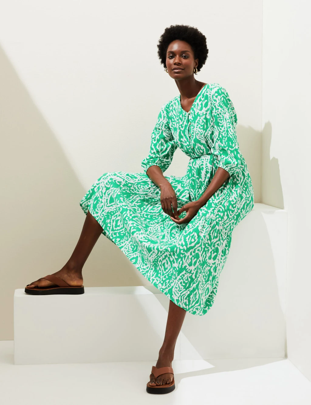 Linen Blend Printed V-Neck Midi Dress 3 Linen Blend Printed V-Neck Midi Dress