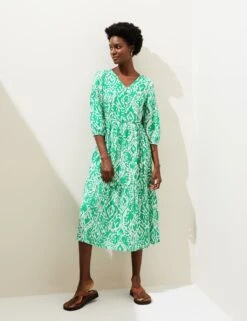 Linen Blend Printed V-Neck Midi Dress 10 Linen Blend Printed V-Neck Midi Dress -M&S SD 01 T52 6800 J5 X EC 2