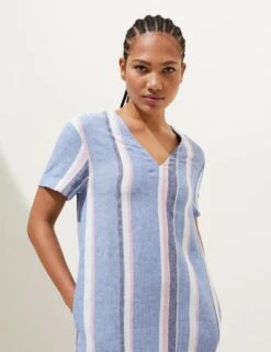 Linen Rich Striped V-Neck Midi Shift Dress 10 Linen Rich Striped V-Neck Midi Shift Dress -M&S SD 01 T52 6820 E4 X EC 1