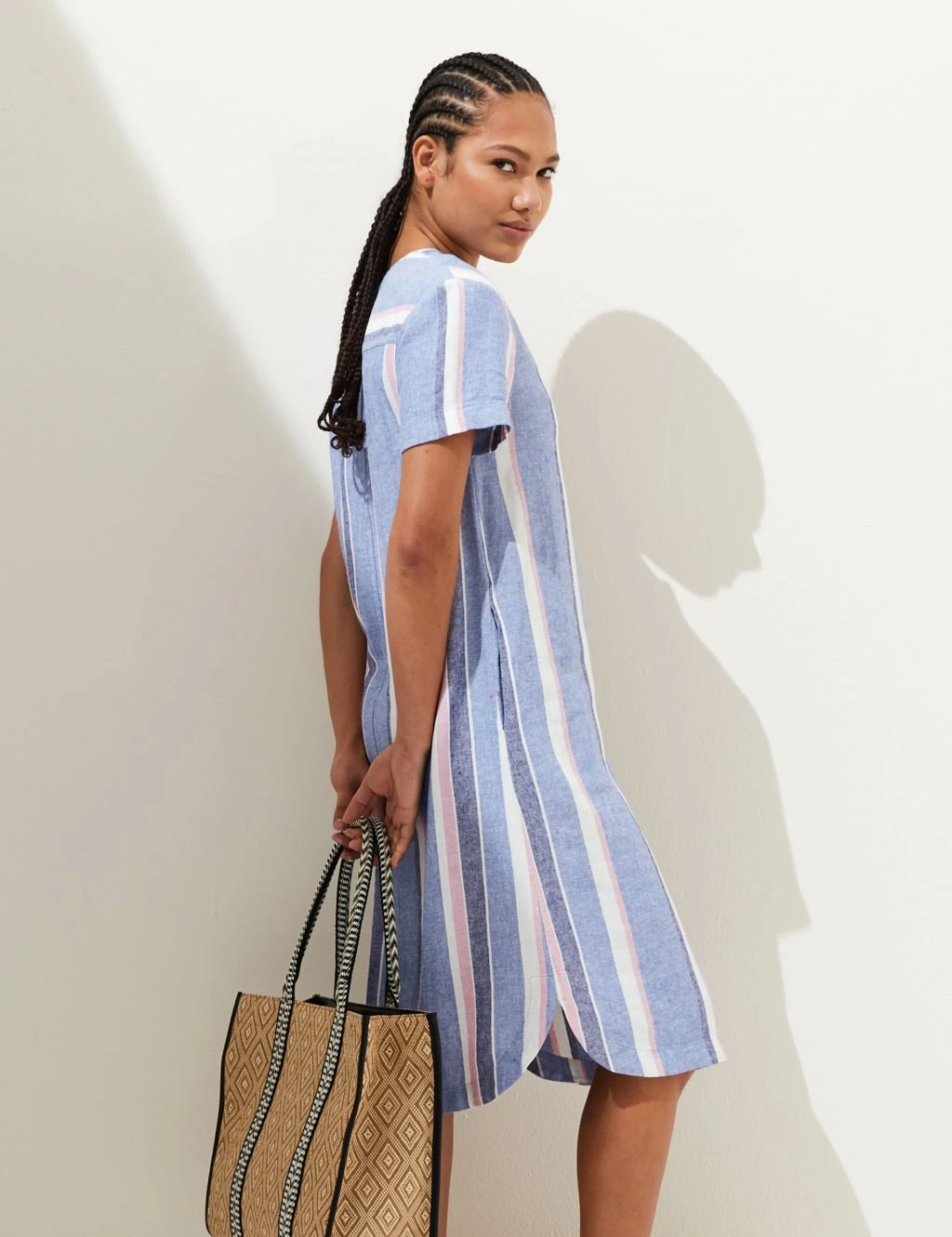 Linen Rich Striped V-Neck Midi Shift Dress 6 Linen Rich Striped V-Neck Midi Shift Dress - Image 4