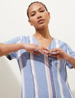 Linen Rich Striped V-Neck Midi Shift Dress 12 Linen Rich Striped V-Neck Midi Shift Dress -M&S SD 01 T52 6820 E4 X EC 3